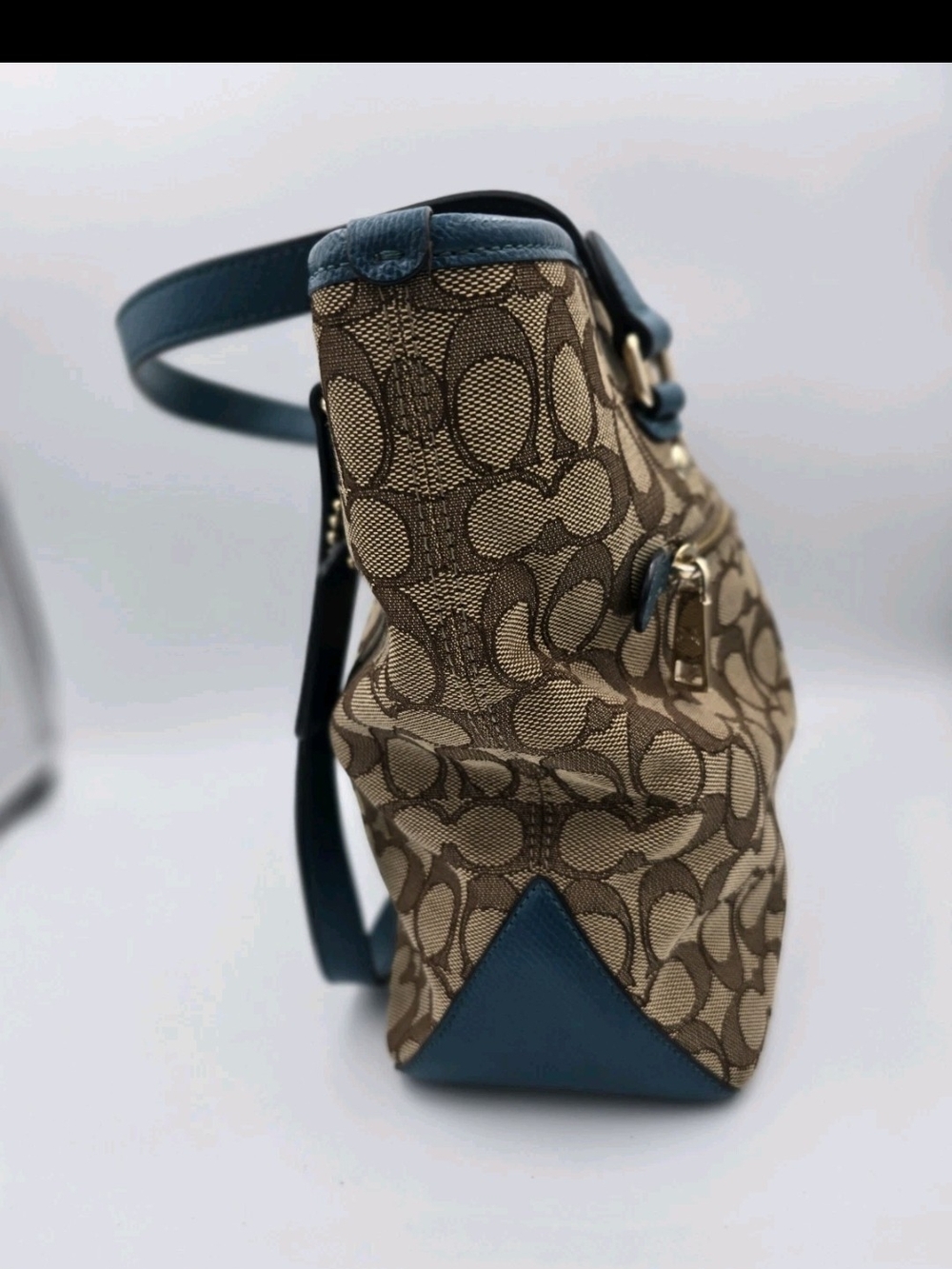 Coach Brown Signature Tote with Blue Trim - Picture 4 of 11
